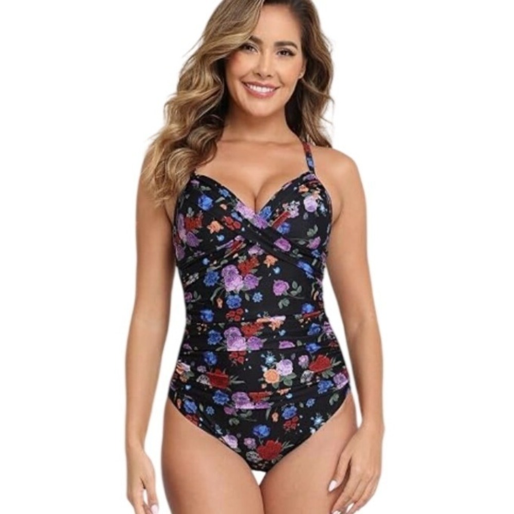 Halcurt Womens Polyester One Piece Swimsuit Tummy Control Floral M(8-10) Black